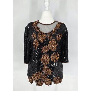 VTG 90s 100% Silk Black & Copper Sequin Formal Blouse Womens Sz Large